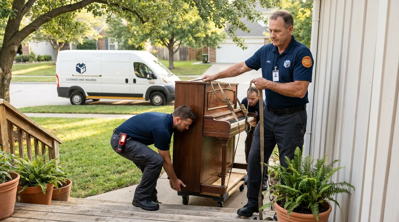 Licensed piano movers securing grand piano in Lakeland, GA