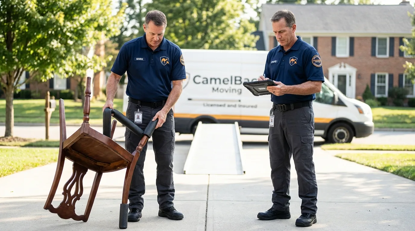 Movers inspecting furniture for damage prevention before loading in Lakeland, GA