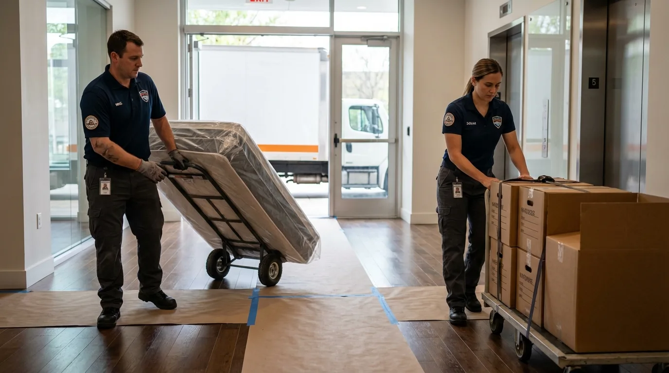 Professional apartment movers loading elevator in Lakeland, GA